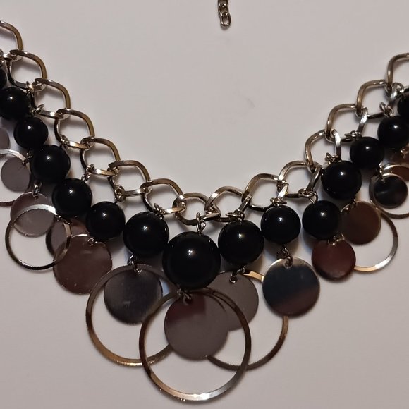 Vintage 90s Geometric Chunky Black and Silver Bib Statement Dangle Necklace - Picture 5 of 11